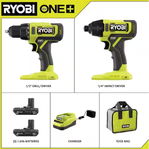 RYOBI Kit 2 Herramientas ONE+ 18V Taladro Atornillador y Taladro Atornillador de Impacto con Baterías y Cargador