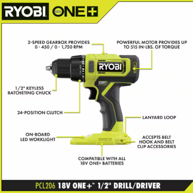 RYOBI Kit 2 Herramientas ONE+ 18V Taladro Atornillador y Taladro Atornillador de Impacto con Baterías y Cargador